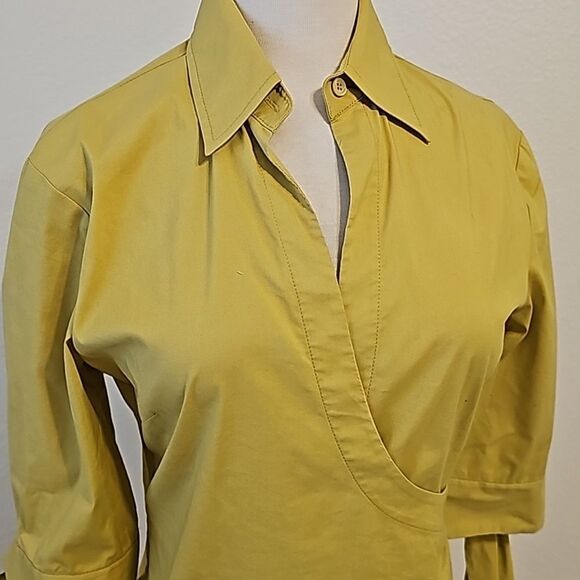 BCBG Max Azria mustard yellow, green cotton wrap  shirt size small - Picture 2 of 11